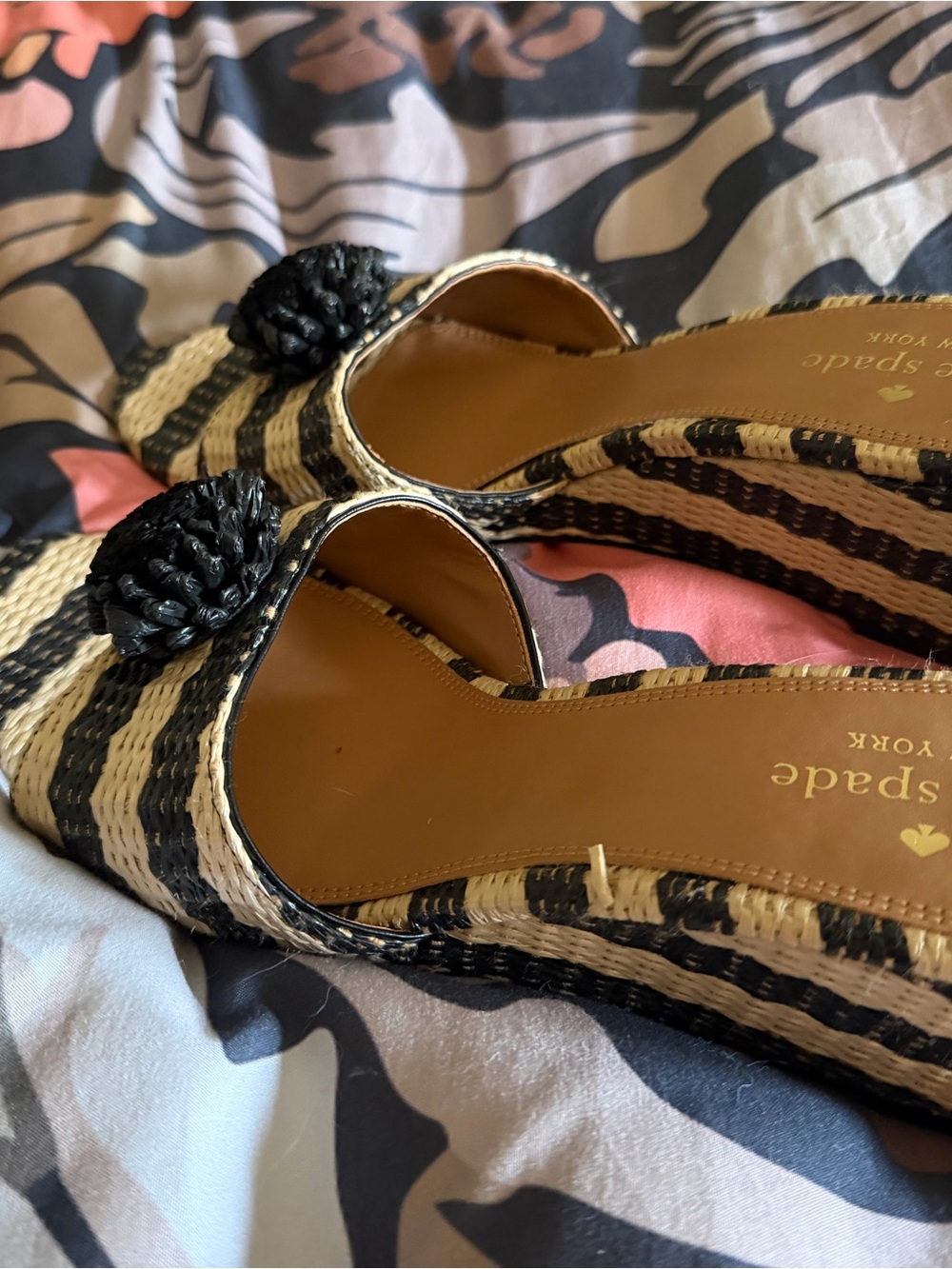 kate spade Black and Natural Striped Woven Slide Mules